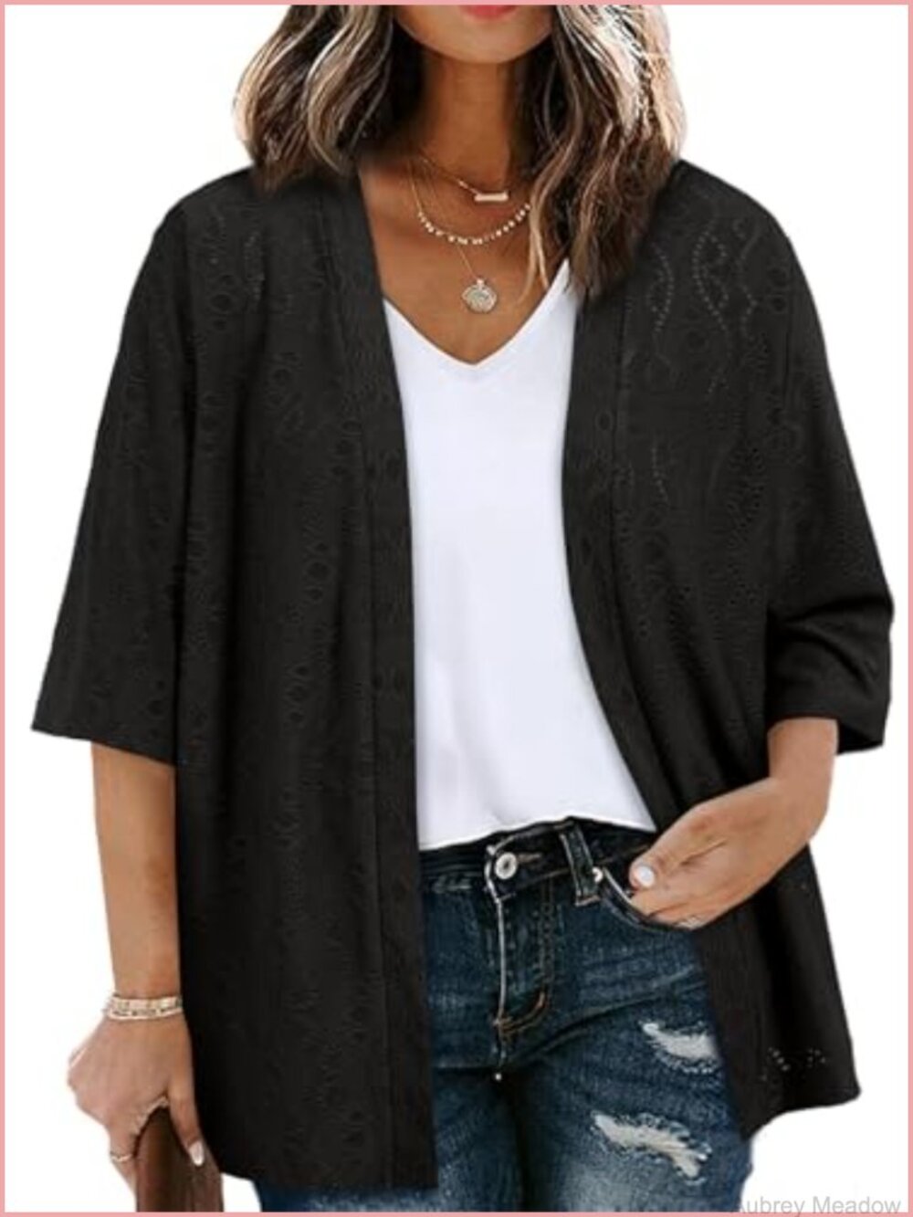 Plus Size Knitted Jacquard Half Sleeve Cardigan for Women Summer Kimono Cover